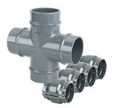 Thumbnail of AirPipe Aluminum four-way pipe fitting with four equal openings in a cross configuration, designed for connecting multiple sections of compressed air piping in industrial systems.