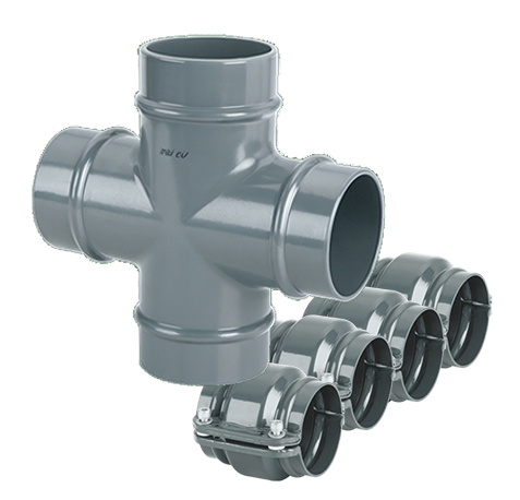 AirPipe Aluminum four-way pipe fitting with four equal openings in a cross configuration, designed for connecting multiple sections of compressed air piping in industrial systems.