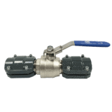 Thumbnail of Simple metal ball valve with a blue locking handle and AIRpipe clamp style connectors on both ends