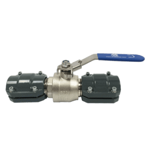 Simple metal ball valve with a blue locking handle and AIRpipe clamp style connectors on both ends