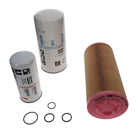 Atlas Copco air and oil filter kit (SKU: 2901990418) for GA18+-37+ VSD compressors; includes air filter element, oil separator, and O-rings for 4000-hour service interval