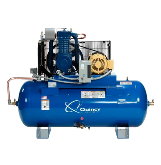 quincy reciprocating piston air compressor on a horizontal tank all blue