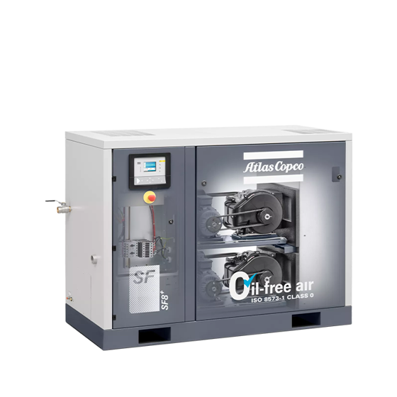 See through view of the internals of an Atlas Copco oil-free SF air compressor