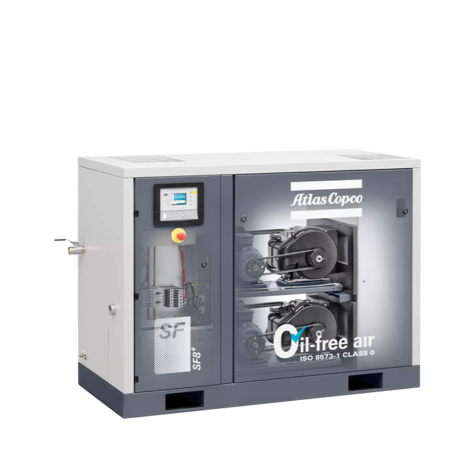 See through view of the internals of an Atlas Copco oil-free SF air compressor