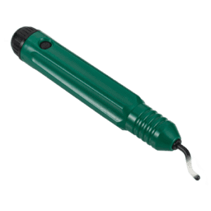 Green-handled hole deburrer with a small pivoting blade which cuts burrs off of drilled holes