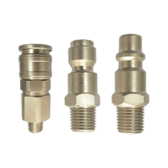 Set of 3 common brass colored fittings used to connect tools to a piping system