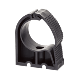 Thumbnail of Dark grey plastic clip for attaching pipe to a surface