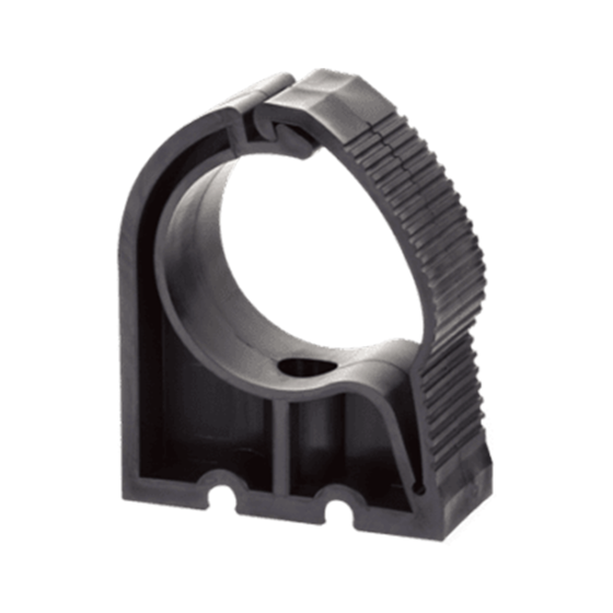 Dark grey plastic clip for attaching pipe to a surface