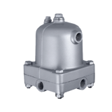 Thumbnail of A silver WD80 Water Seperator Atlas automatic drain part with a cylindrical top and rectangular base, featuring multiple bolt connections and pipe inlets.