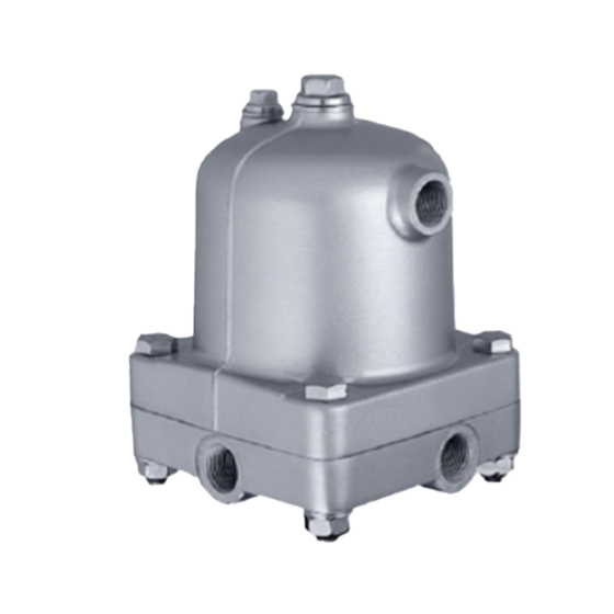 A silver WD80 Water Seperator Atlas automatic drain part with a cylindrical top and rectangular base, featuring multiple bolt connections and pipe inlets.