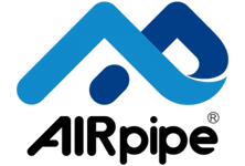 Stylized logo for AIRpipe, an A and P interconnected with different shades of blue and the word AIRpipe below in black text
