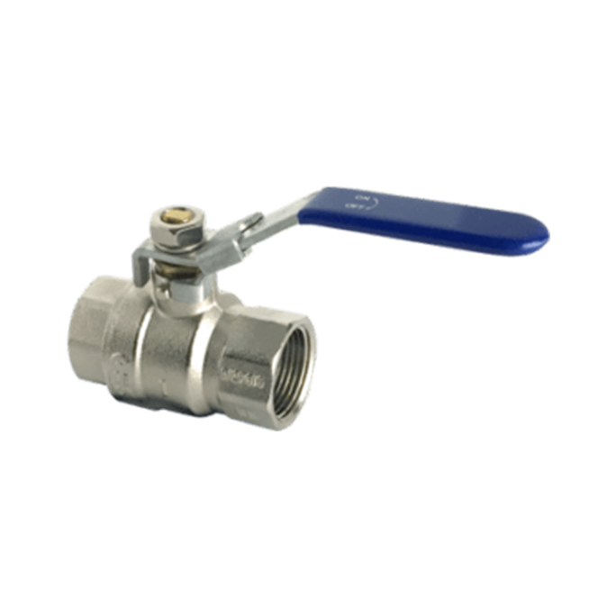 Simple metal ball valve with a blue handle and NPT threads on both ends