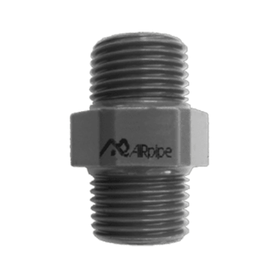 Dark grey metal adapter with male NPT threads on both sides