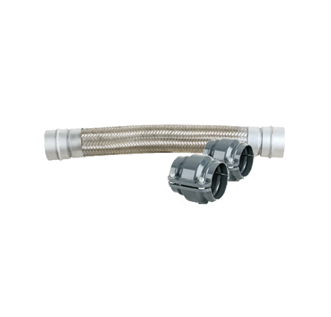 AirPipe flexible 304 stainless steel hose with braided texture and smooth end fittings, adjacent to two couplings.