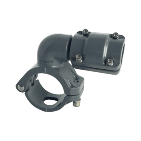 clamp-on style grey metal quick drop connector with a smaller diameter air fitting coming out at a right angle