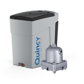 A sleek gray Quincy QOCS Compressed Air Oil/Water Separator and a Atlas Copco WD 80 Compressed Air Condensate Drain are set against a clear background, conveying a modern and efficient tone.