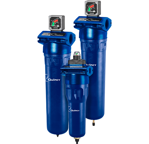 Quincy QPF and QMF compressed air filters family, high efficiency coalescing, particulate, and activated carbon filter variations for clean, dry air systems