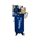 Thumbnail of Quincy QT5-15 air compressor unit- a 2-stage air pump with cooling fins and motor within a wire belt shroud and a grey control box on top of a vertically oriented receiver tank. All painted blue