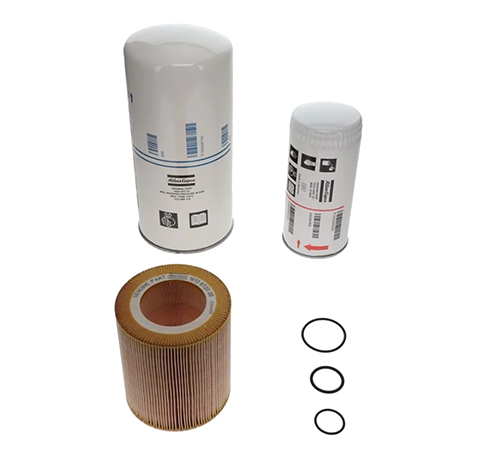 Atlas Copco filter/separator kit (SKU: 2901200650) for GA18+ to GA37+ VSD stationary oil-injected compressors; includes oil filter, oil separator, and O-rings for 4000-hour service.