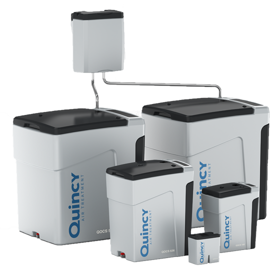 Lineup of Quincy QOCS Series Oil/Water Separators in multiple sizes for compressed air systems