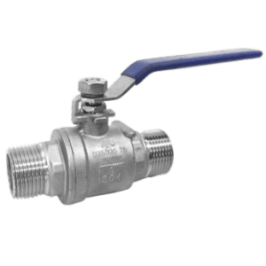 Simple metal ball valve with a blue locking handle and male NPT threads on both ends