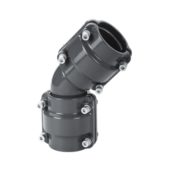 Grey metal elbow fitting with AIRpipe lugged connectors on eaither end bent at a 45 degree angle