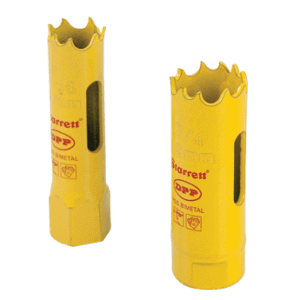 Set of 2 yellow metal hole saw bits for a drill