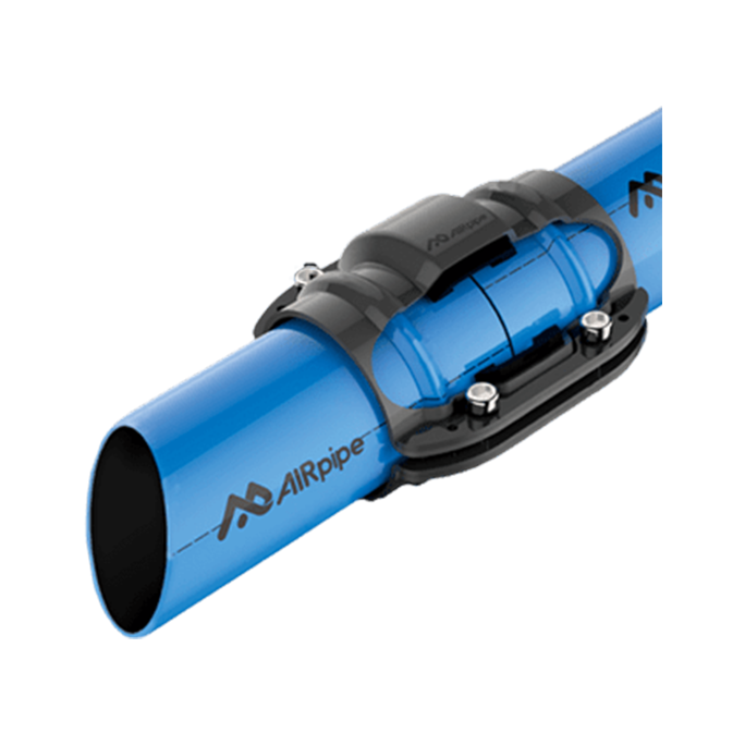 Section drawing showing AIRpipe branded blue aluminum pipes cut at an angle and joined in the middle with an AIRpipe piping connector
