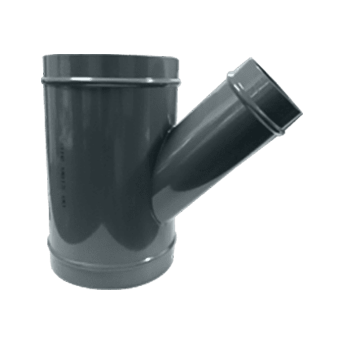 Grey metal wye fitting with two equal sized AIRpipe connections on both sides, and another different sized connection splitting off at an angle