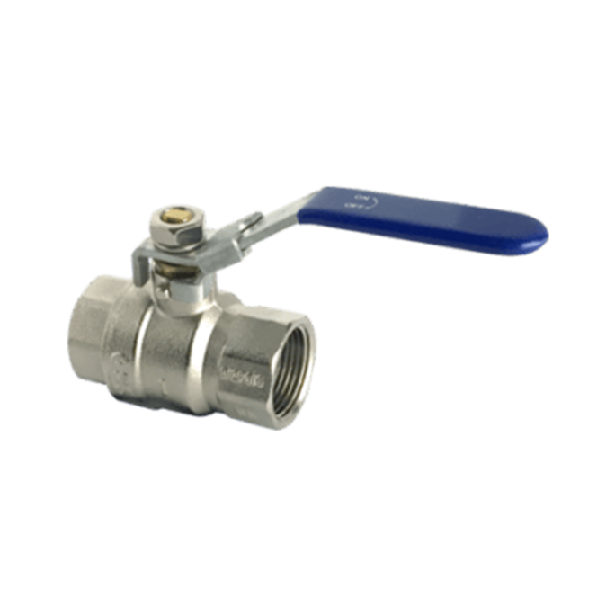Simple metal ball valve with a blue handle and NPT threads on both ends
