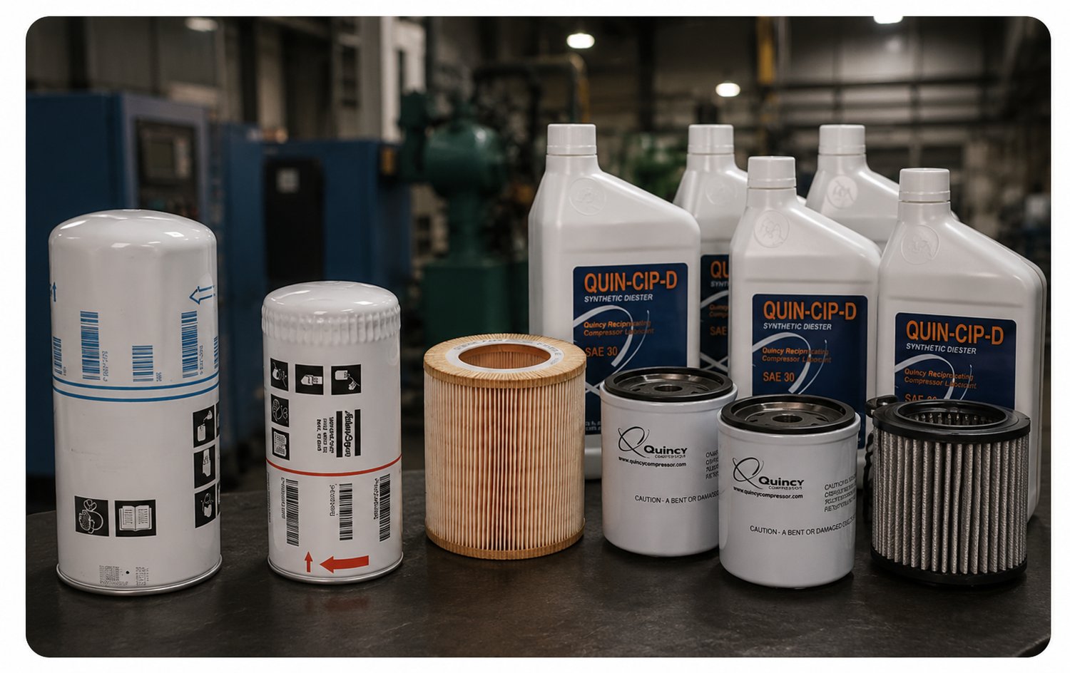 A mix of Atlas and Quincy part kits showing filters, o-rings and lubricants.