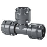 Grey metal pipe fitting in a T shape with equal sized AIRpipe piping connectors on all 3 sides