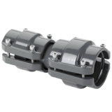 Grey metal piping connector inline with different sized clamp style connectors on either side for different sized metal piping