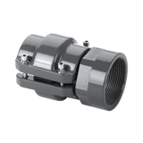 Grey metal inline adapter with female NPT threads on one end and an AIRPipe clamp style connector on the other end