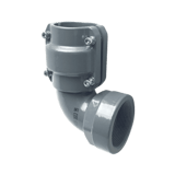 Grey metal right angle elbow with clamp style piping connector on one side and female NPT threads on the other side
