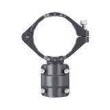 clamp-on style grey metal quick drop connector with a smaller diameter air fitting coming out at a straight angle