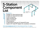 Schematic drawing of the GARAGEpipe 5-station kit showing a diagram and list of the included parts