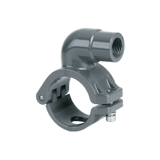 clamp-on style grey metal quick drop connector with a smaller diameter air fitting coming out at a right angle with female NPT threads