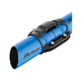 Section drawing showing AIRpipe branded blue aluminum pipes cut at an angle and joined in the middle with an AIRpipe piping connector