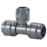 Grey colored metal piping tee with two identically sized connectors inline, and a smaller connector branched off at a right angle
