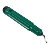 Green-handled hole deburrer with a small pivoting blade which cuts burrs off of drilled holes