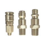 Set of 3 common brass colored fittings used to connect tools to a piping system
