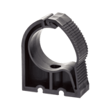 Dark grey plastic clip for attaching pipe to a surface