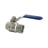 Simple metal ball valve with a blue handle and NPT threads on both ends