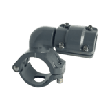 clamp-on style grey metal quick drop connector with a smaller diameter air fitting coming out at a right angle