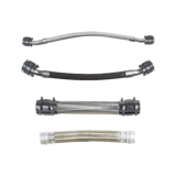 Set of 4 different styles of braided stainless steel flex hoses. 3 have clamp stlye piping connectors on both ends, in different colors and sizes. The last one has standard lugged AIRpipe connectors