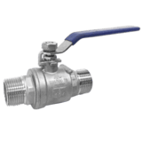 Simple metal ball valve with a blue locking handle and male NPT threads on both ends