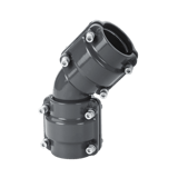 Grey metal elbow fitting with AIRpipe lugged connectors on eaither end bent at a 45 degree angle