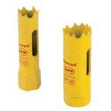 Set of 2 yellow metal hole saw bits for a drill