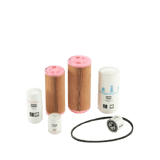 Thumbnail of Arrangement of Atlas Copco Part Kit Components- two orange filter elements, four white spin-on filters, and a black rubber o-ring